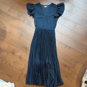 Max Studio Blue Polka Dot Pleated Midi Dress, Small